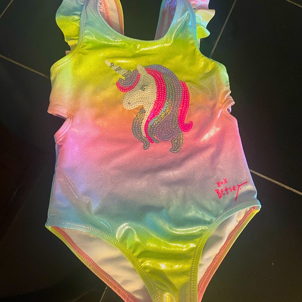 Betsey Johnson Rainbow Unicorn swim w/ sequins and cutouts. Sz 6 little girl.